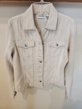 Chico's Cream Striped Button-Front Soft Cotton Denim Style Jacket
